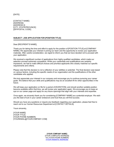 Business-in-a-Box's Letter Of Rejection For Job Applicant Template