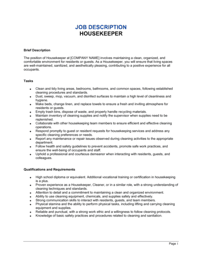 Business-in-a-Box's Housekeeper Job Description Template