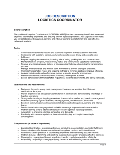 Business-in-a-Box's Logistics Coordinator Job Description Template