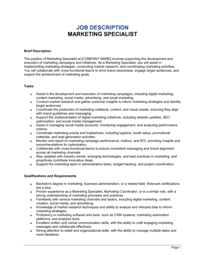 Business-in-a-Box's Marketing Specialist Job Description Template