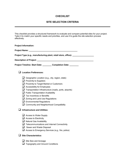 Business-in-a-Box's Checklist Site Selection Template