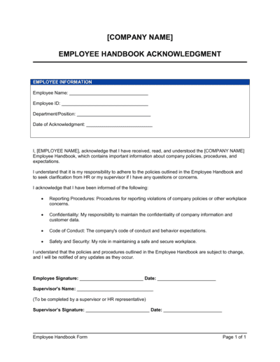 Business-in-a-Box's Employee Handbook Acknowledgment Form Template
