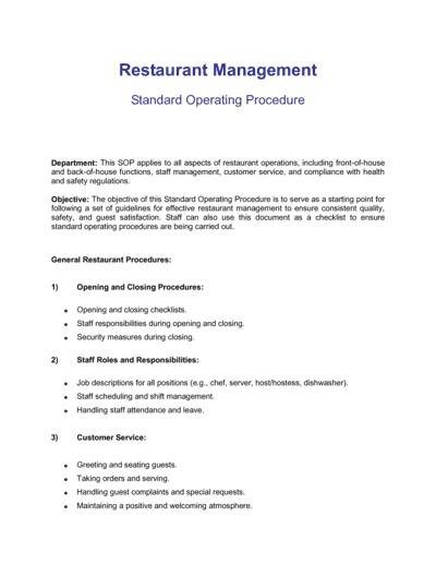 Business-in-a-Box's Restaurant Standard Operating Procedure Template