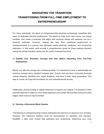 Business-in-a-Box's Transisioning From Full Time Employment To Entrepreneurship Template