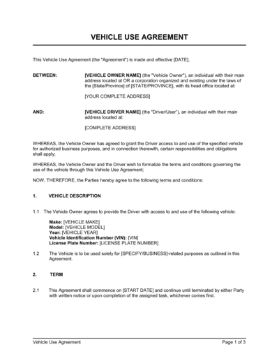Business-in-a-Box's Vehicle Use Agreement Template