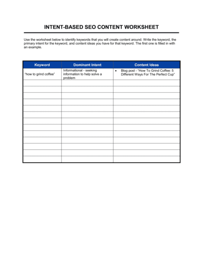 Business-in-a-Box's Worksheet Intent Based Seo Content Template