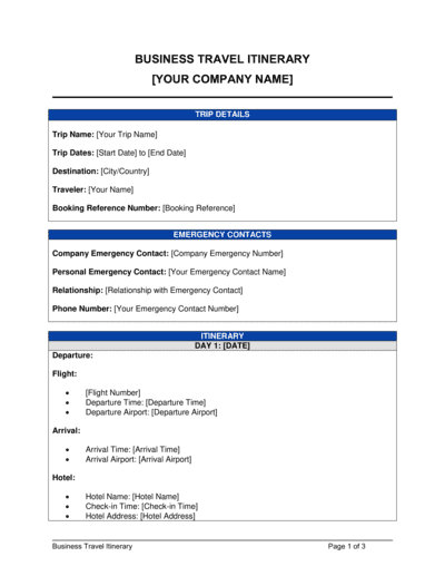 Business-in-a-Box's Business Travel Itinerary Template