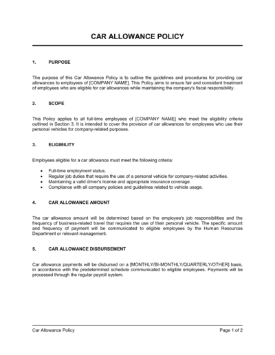 Car Allowance Policy Template Vehicle Allowance Policy Agreement 