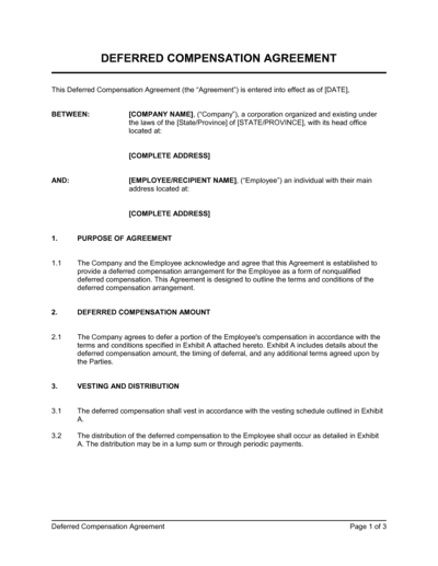 Business-in-a-Box's Deferred Compensation Agreement Template