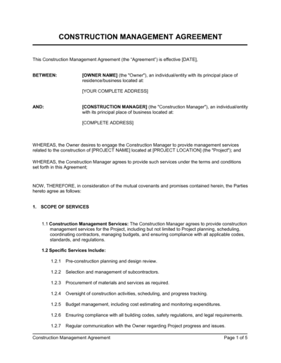 Construction Management Agreement Template (Word & PDF) - Free Trial