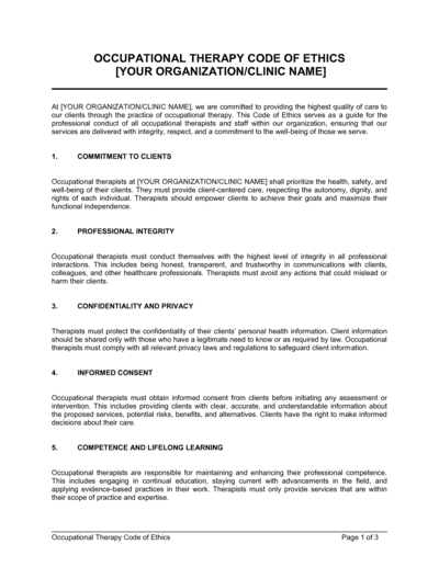Occupational Therapy Code Of Ethics Template