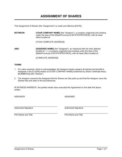 Business-in-a-Box's Assignment of Shares Template