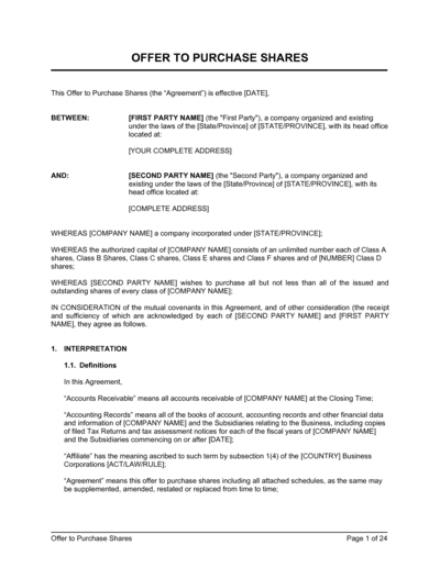 Business-in-a-Box's Offer to Purchase Shares Agreement Venture Capital Template