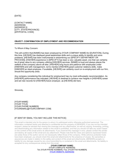 Business-in-a-Box's Confirmation of Employment and Letter of Recommendation Template