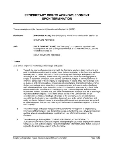 Business-in-a-Box's Employee Proprietary Rights Acknowledgment Upon Termination Template