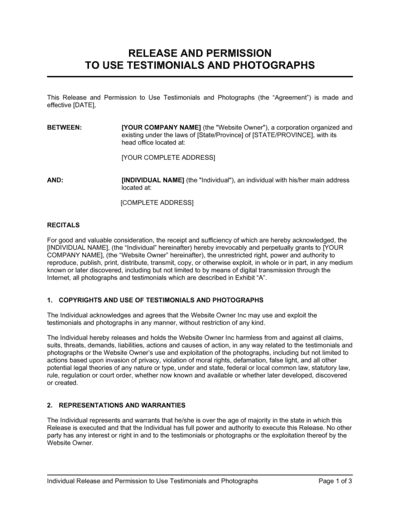 Business-in-a-Box's Release and Permission to Use Testimonial and Photographs Template