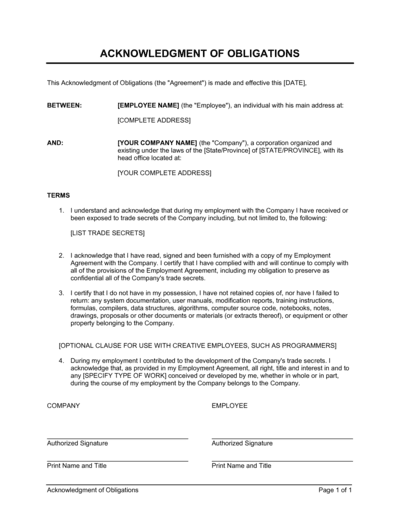 Business-in-a-Box's Acknowledgment Of Obligations Contract Template