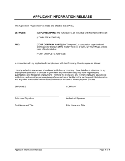 Business-in-a-Box's Information Release Authorization Template