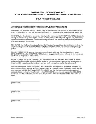 Business-in-a-Box's Board Resolution Authorizing the President to Renew Employment Agreements Template