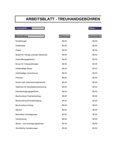 Business-in-a-Box's Arbeitsblatt - Treuhandgebühren
