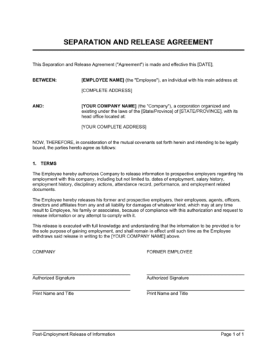 Business-in-a-Box's Post-Employment Information Release Agreement Template