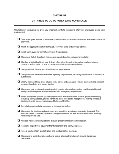 Business-in-a-Box's Checklist 21 Things to Do for a Safe Workplace Template