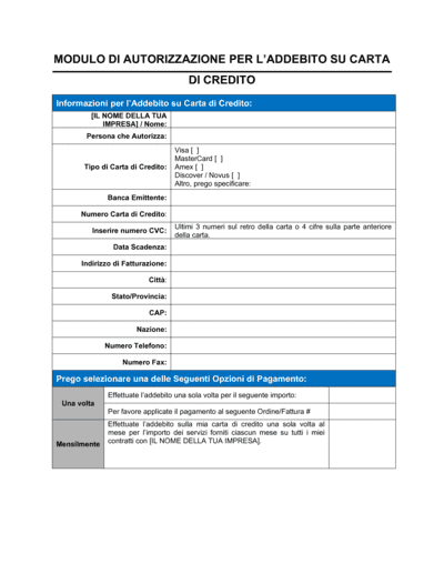 Business-in-a-Box's Modulo di autorizzazione per l'addebito su carta di credito