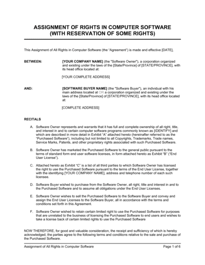 Business-in-a-Box's Assignment of Rights in Computer Software With Reservation Template