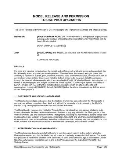 Business-in-a-Box's Model Release and Permission to Use Photographs Template
