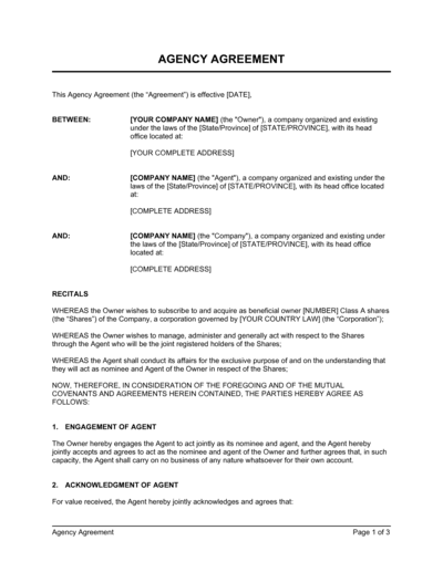Business-in-a-Box's Agency Agreement Corporate Duties Template