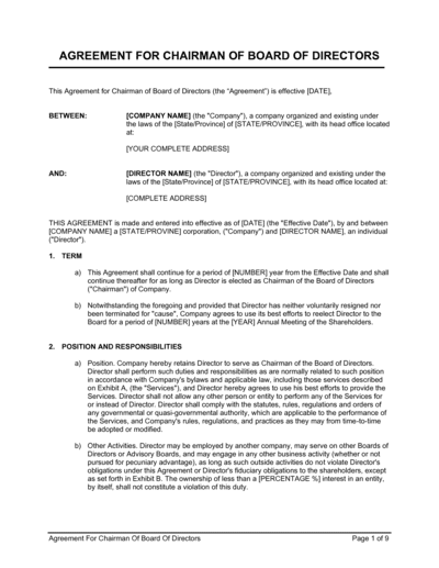 Business-in-a-Box's Agreement for Chairman of Board of Directors Template
