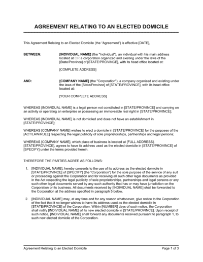 Business-in-a-Box's Agreement Relating to an Elected Domicile Template