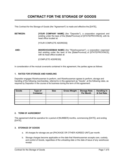 Business-in-a-Box's Contract for the Storage of Goods Template