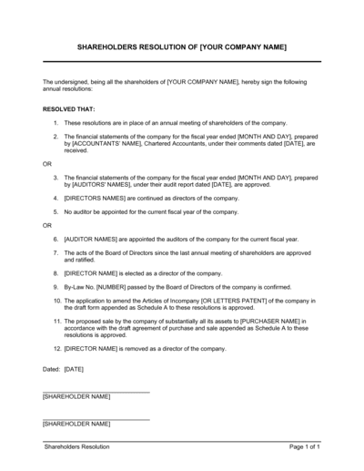 Business-in-a-Box's Shareholders Resolution Template