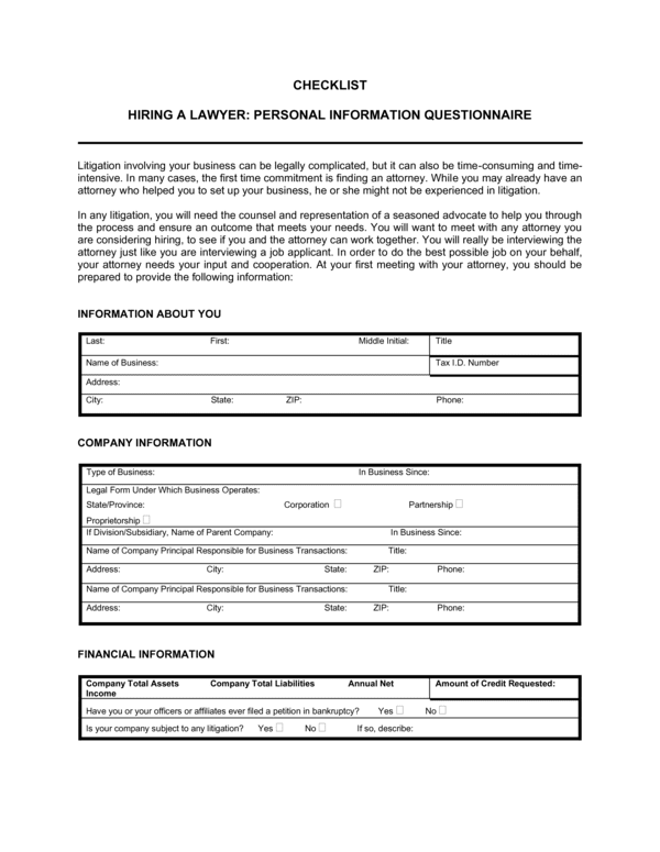 Checklist Questionnaire for Hiring a Lawyer Template (Free Word)