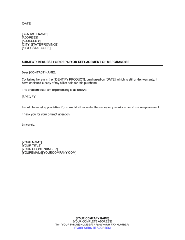 Sent For Repair Request For Repair Of Enclosed Merchandise Template (Free Word)