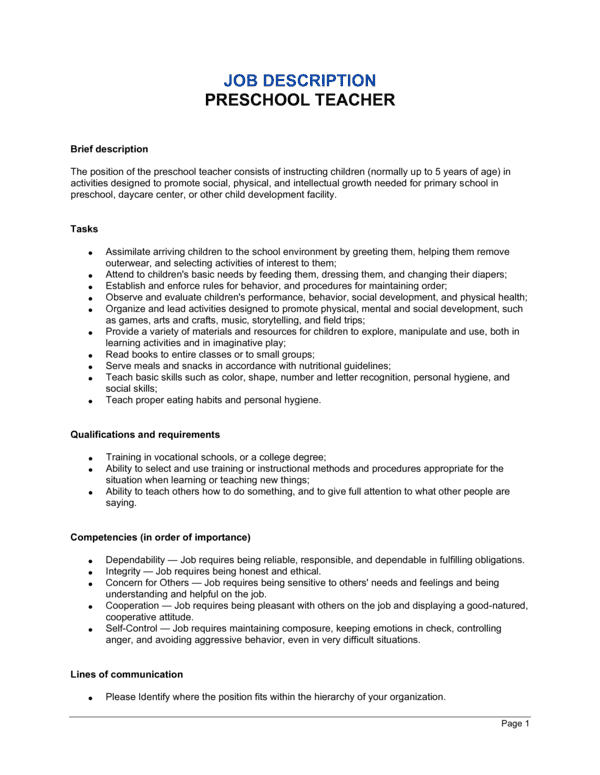 Preschool Teacher Job Description Template (Free Word)