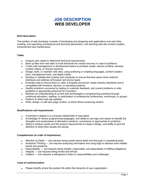 Free Web Developer Job Description Template – Word & PDF