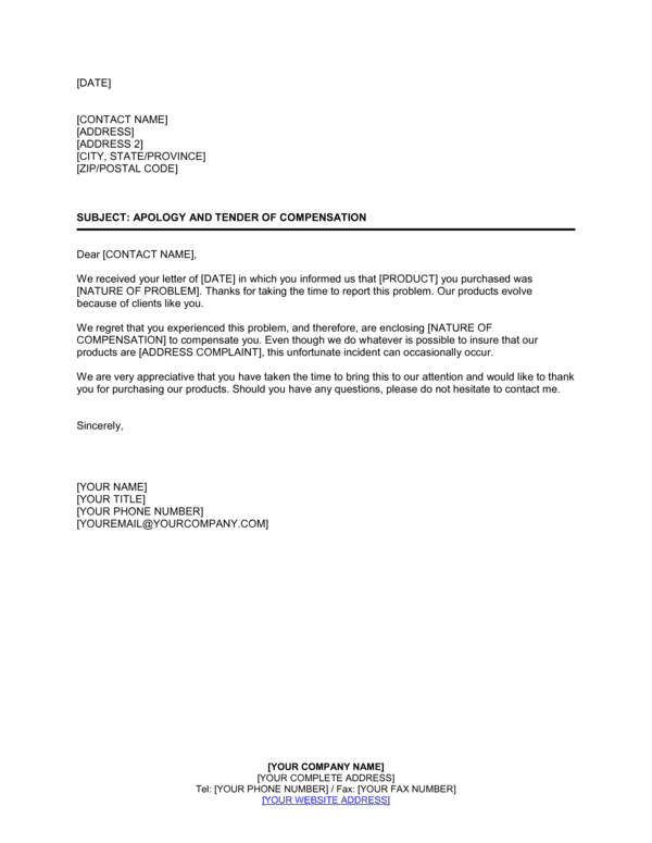 Apology and Tender of Compensation Letter Template (Free Word)