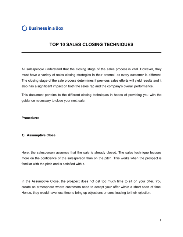 Top 10 Sales Closing Techniques Template | BIB