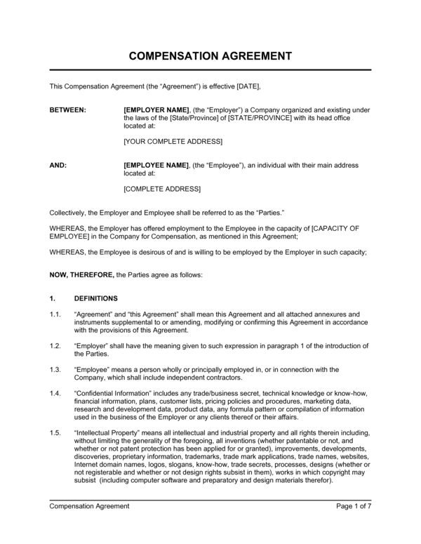 Compensation Agreement Template (Free Word)