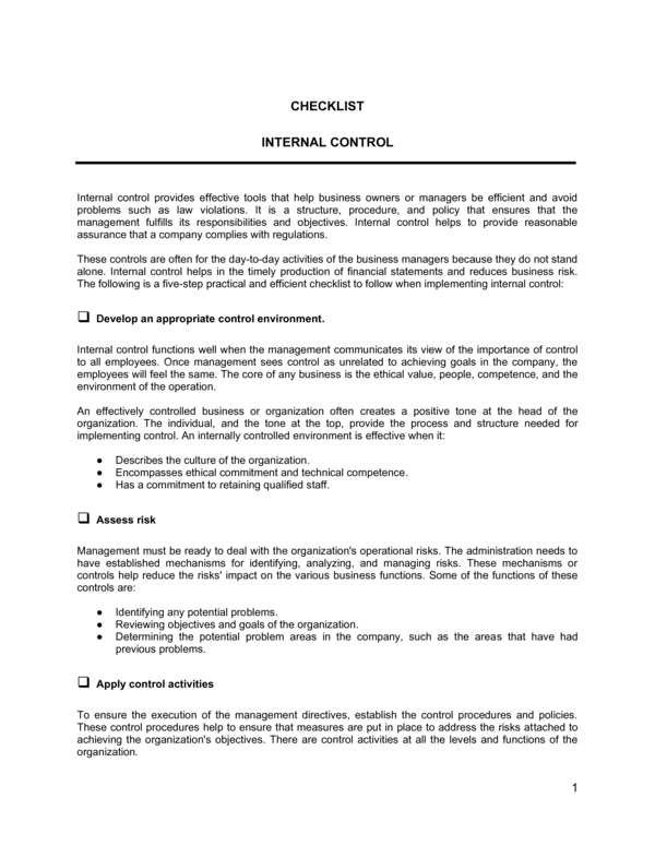 Internal Control Identification Words Internal Control Checklist Template (Free Word)