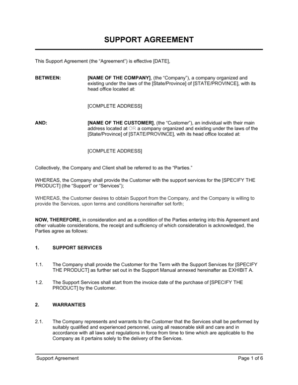 Support Agreement Template (Free Word)