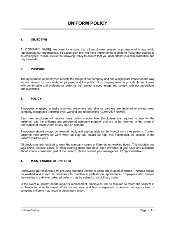 Uniform Program Proposal Example Uniform Policy Template (Free Word)