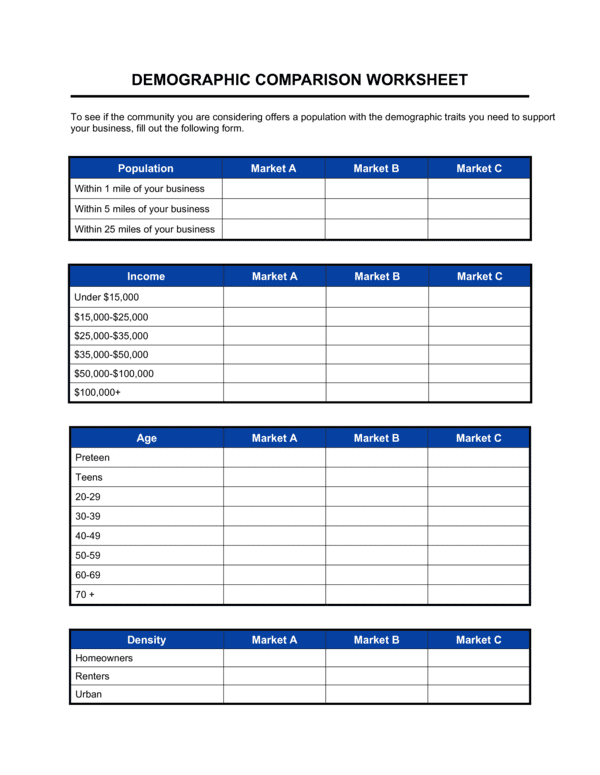 Worksheet Demographic Comparison Template (Free Word)