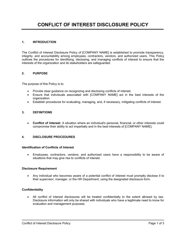Conflict of Interest Disclosure Policy Template (Free Word)