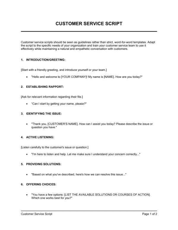 Service Briefing Script Customer Service Script Template (Free Word)
