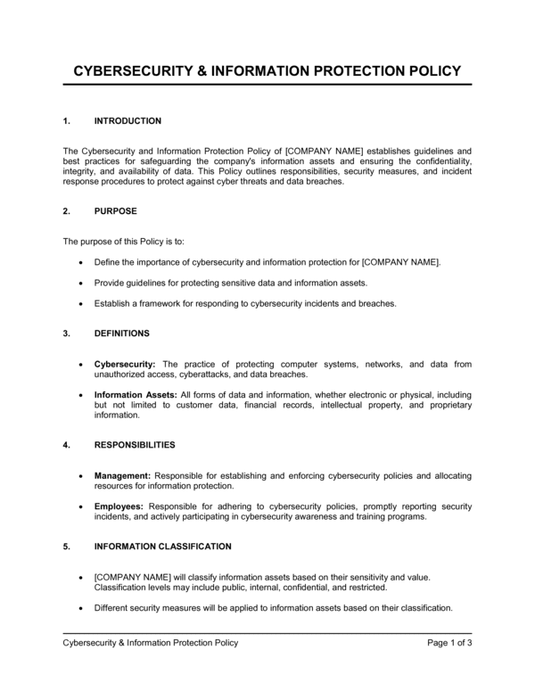 Cybersecurity And Information Protection Policy Template (Free Word)