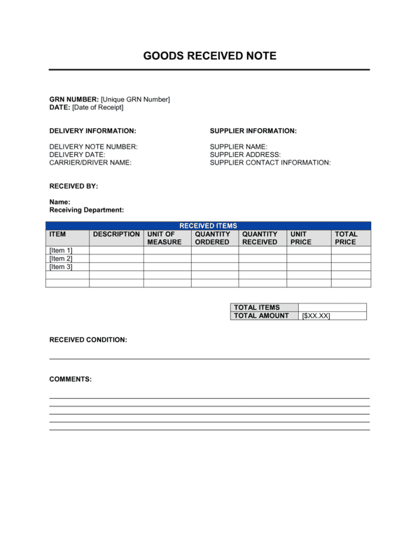 Goods Received Note Template (Free Word)
