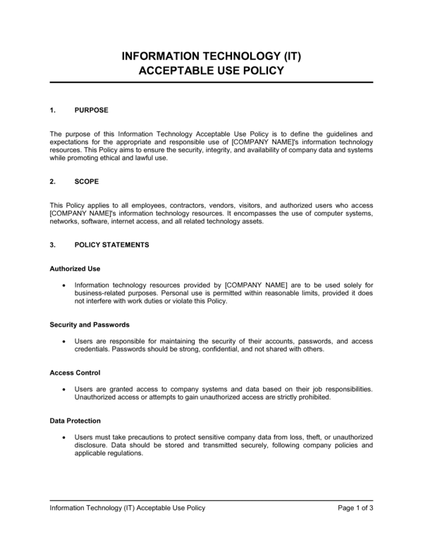 IT Acceptable Use Policy Template (Free Word)
